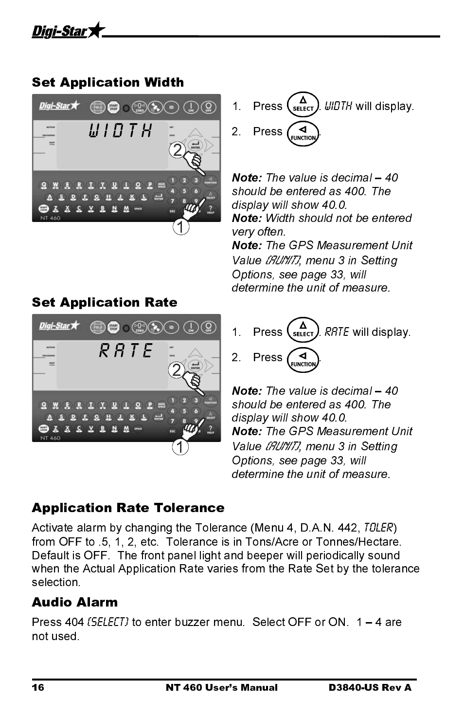 Set application width, Set application rate, Application rate tolerance | Audio alarm | Digi-Star NT 460 User Manual | Page 20 / 45