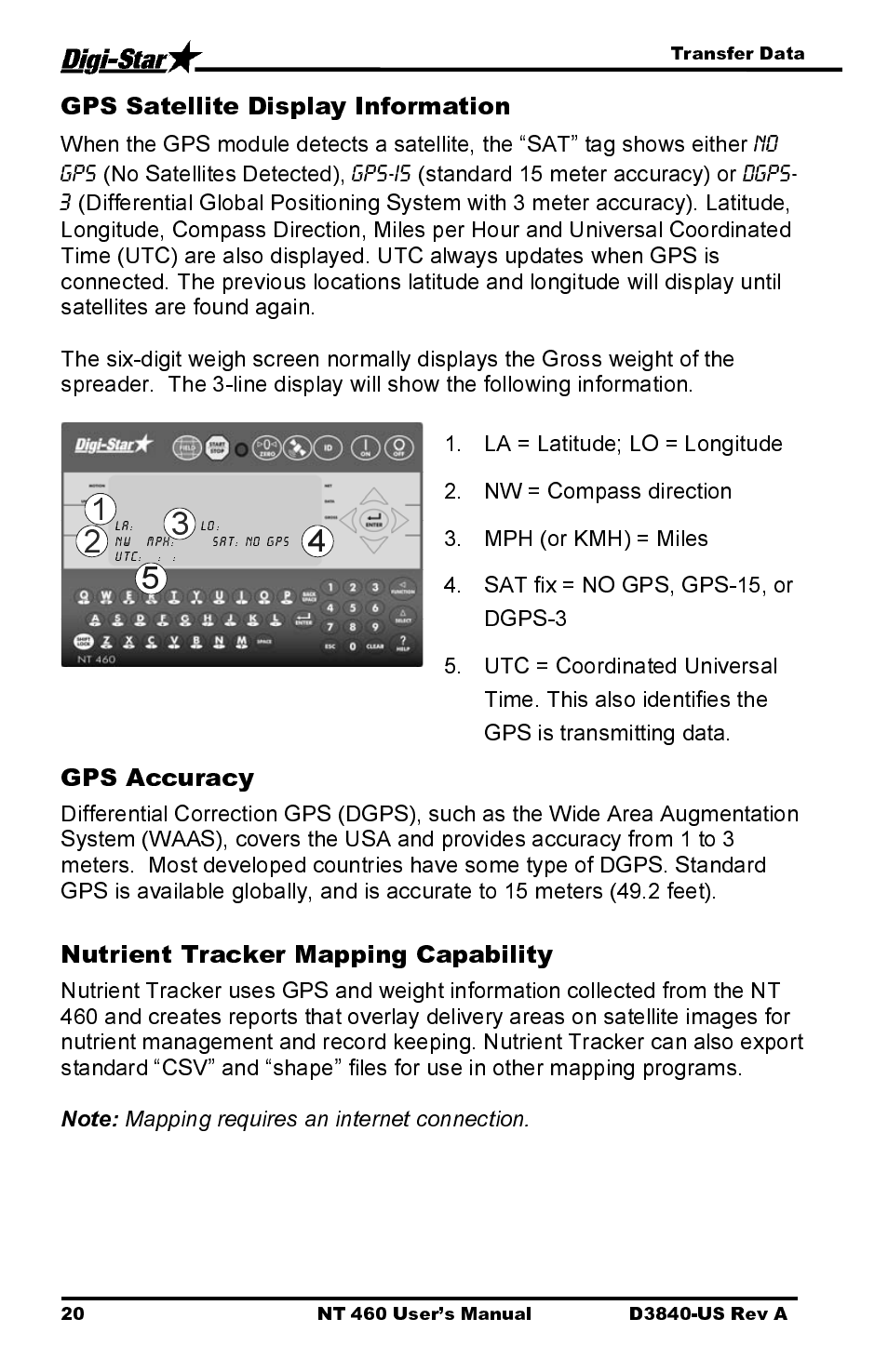Gps satellite display information, Gps accuracy, Nutrient tracker mapping capability | Digi-Star NT 460 User Manual | Page 24 / 45
