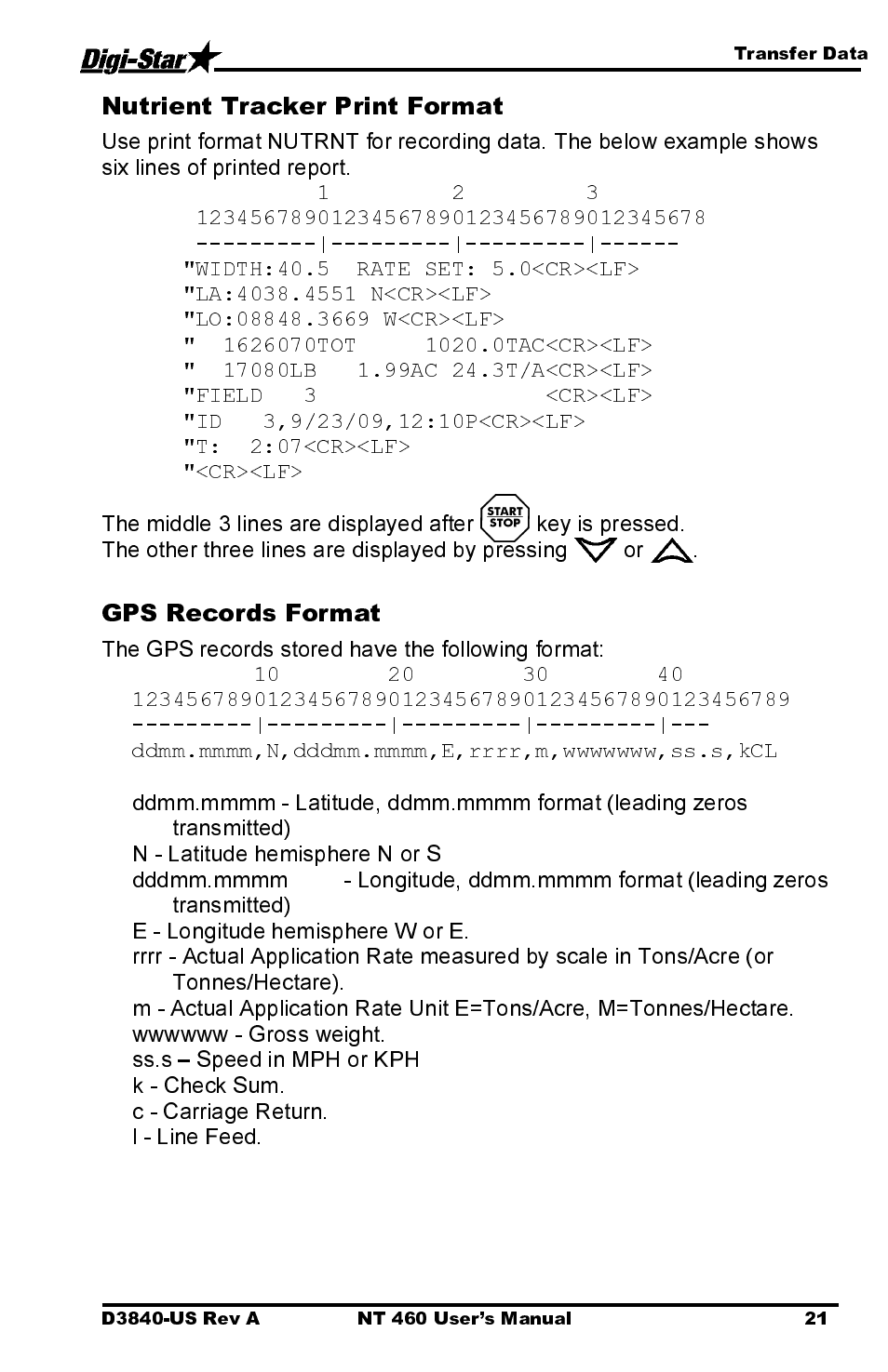 Nutrient tracker print format, Gps records format, The gps records stored have the following format | Digi-Star NT 460 User Manual | Page 25 / 45