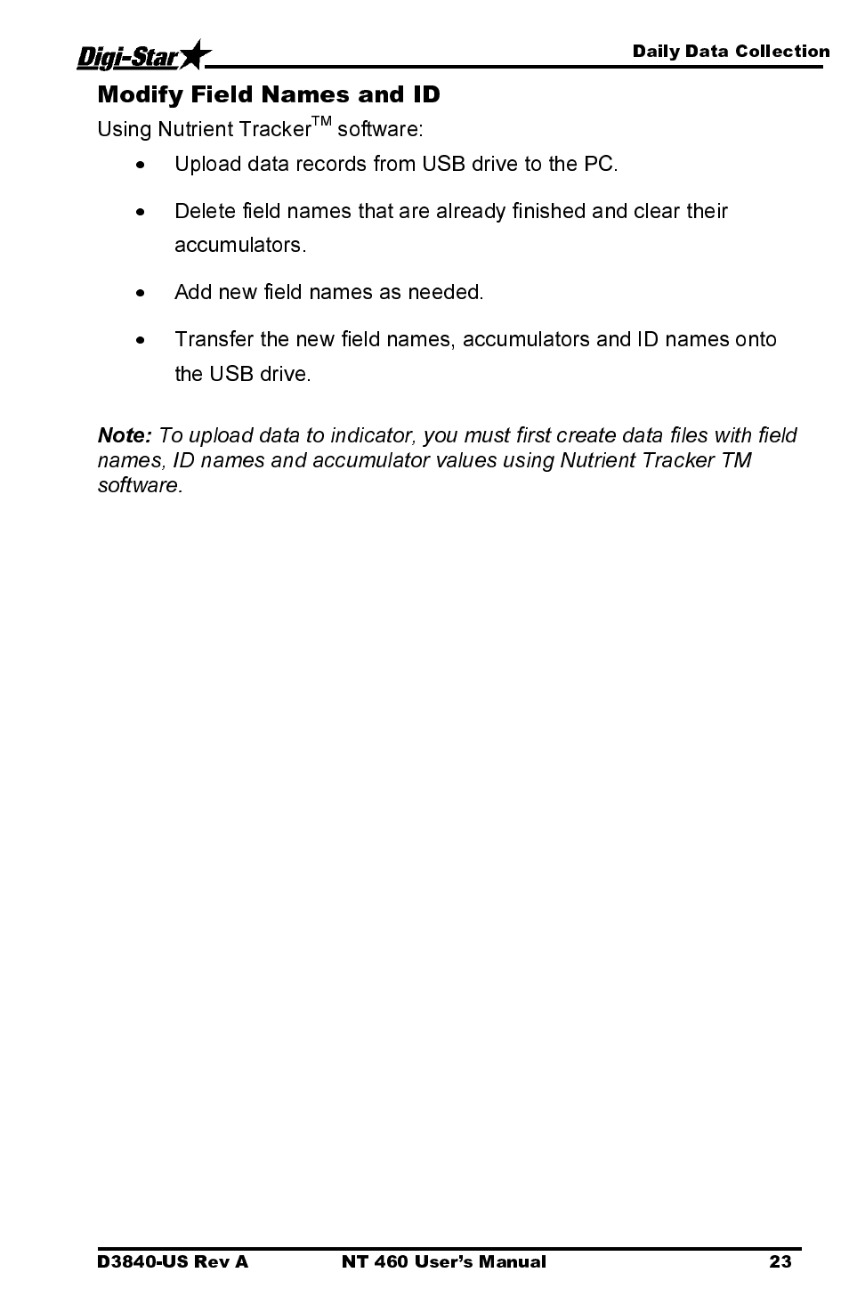 Modify field names and id, Using nutrient tracker, Software | Upload data records from usb drive to the pc, Add new field names as needed | Digi-Star NT 460 User Manual | Page 27 / 45