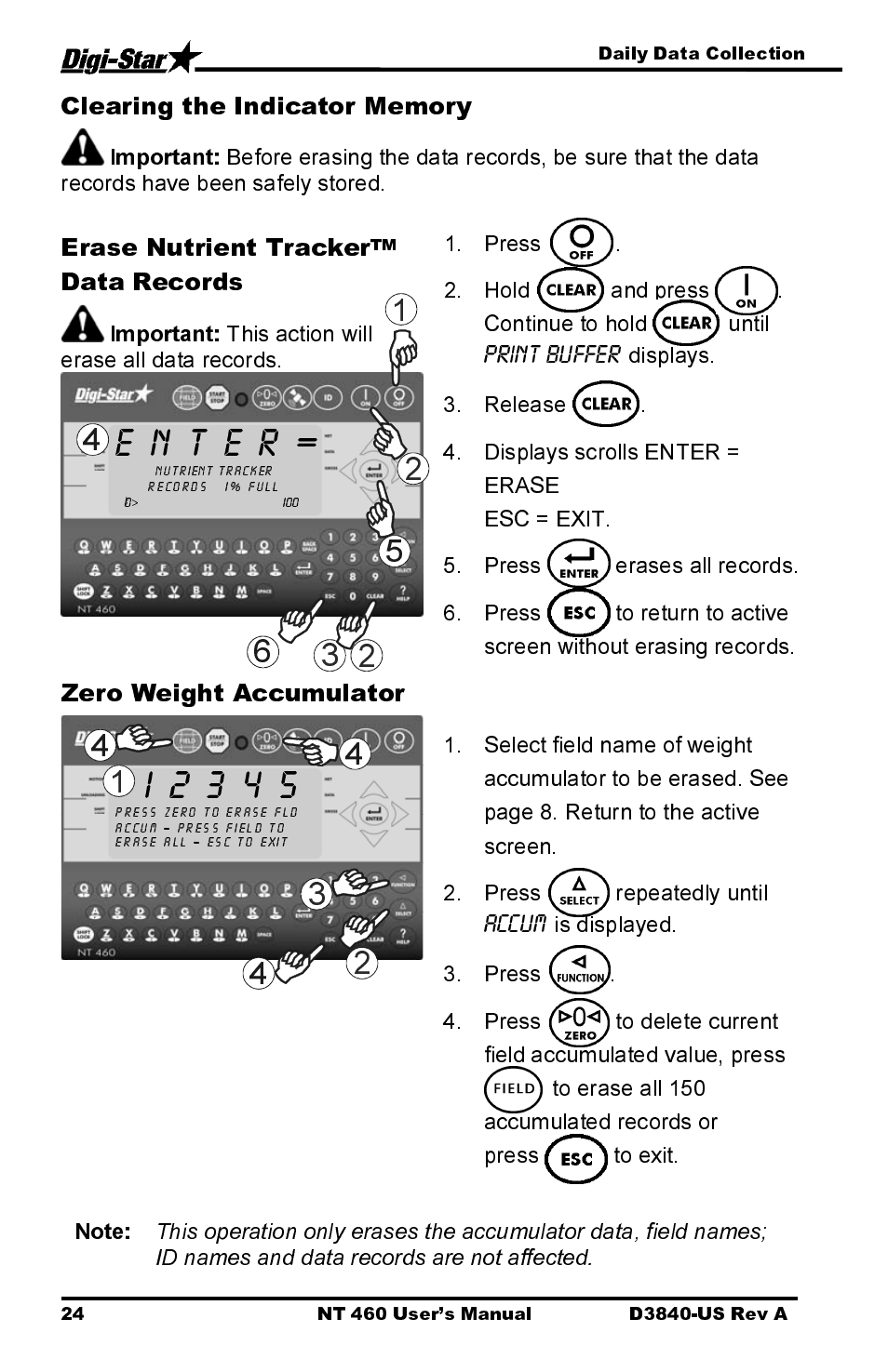 Erase nutrient tracker, Data records, Zero weight accumulator | I 2 3 4 5 | Digi-Star NT 460 User Manual | Page 28 / 45