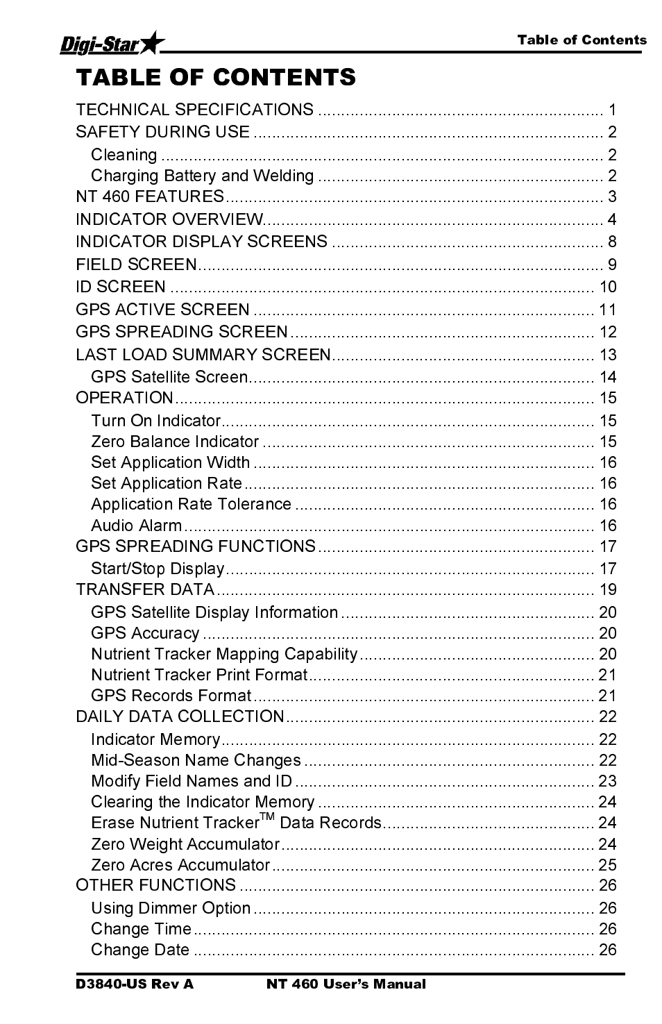 Technical specifications, Safety during use, Cleaning | Charging battery and welding, Nt 460 features, Indicator overview, Indicator display screens, Field screen, Id screen, Gps active screen | Digi-Star NT 460 User Manual | Page 3 / 45