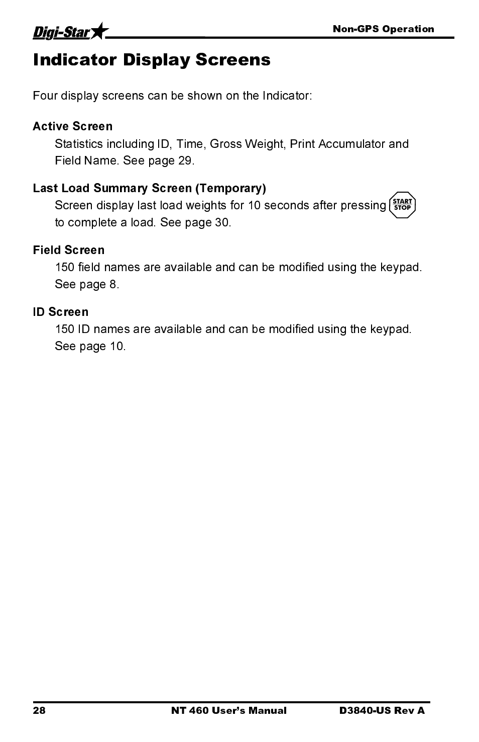 Active screen, Last load summary screen (temporary), Field screen | Id screen | Digi-Star NT 460 User Manual | Page 32 / 45