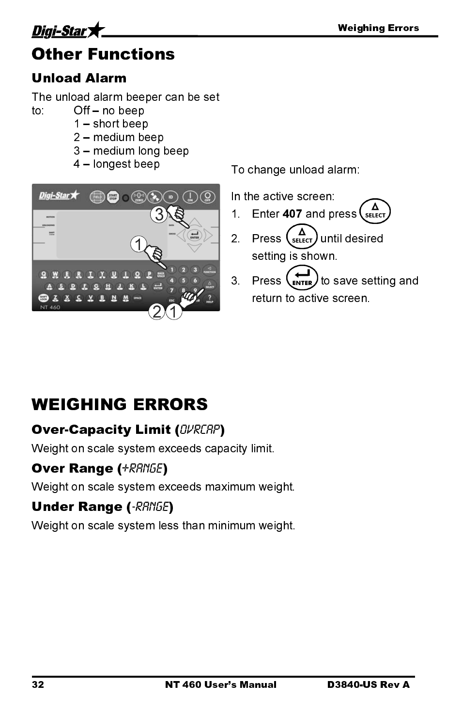 Unload alarm, Over-capacity limit, Over range | Under range | Digi-Star NT 460 User Manual | Page 36 / 45