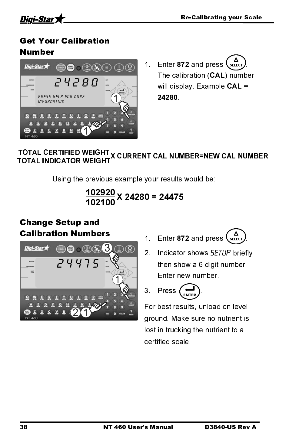 Get your calibration number, Change setup and calibration numbers | Digi-Star NT 460 User Manual | Page 42 / 45