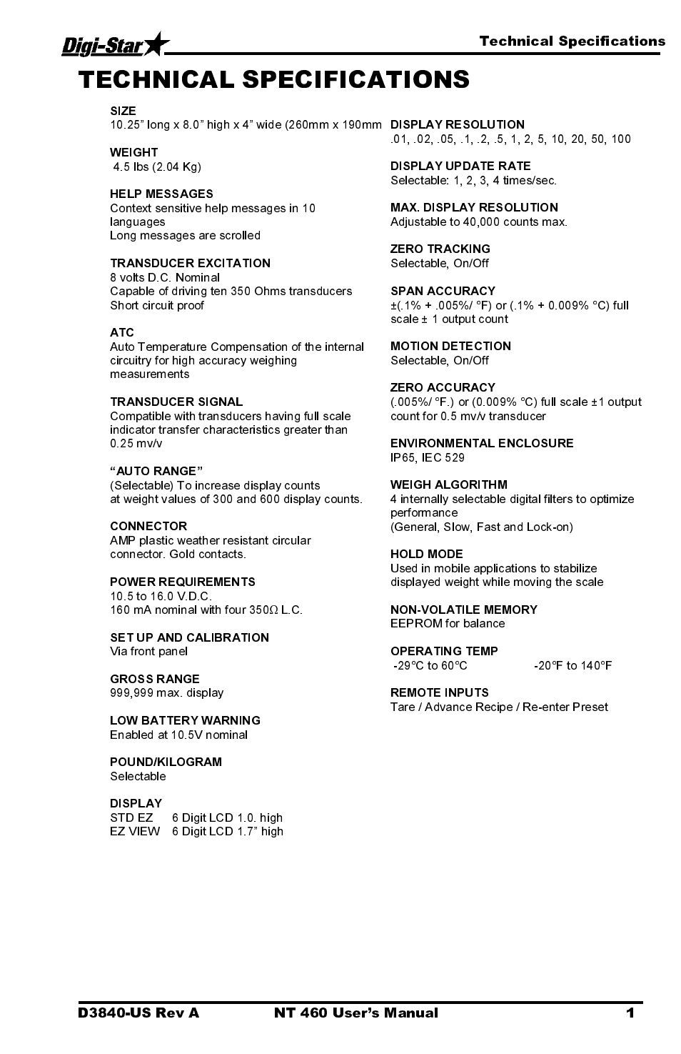 Technical specifications | Digi-Star NT 460 User Manual | Page 5 / 45
