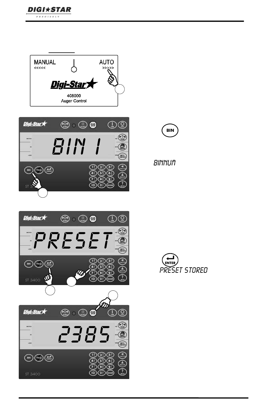 Automatic scale mode, Bin i, Preset | Digi-Star ST 3400 User Manual | Page 12 / 46