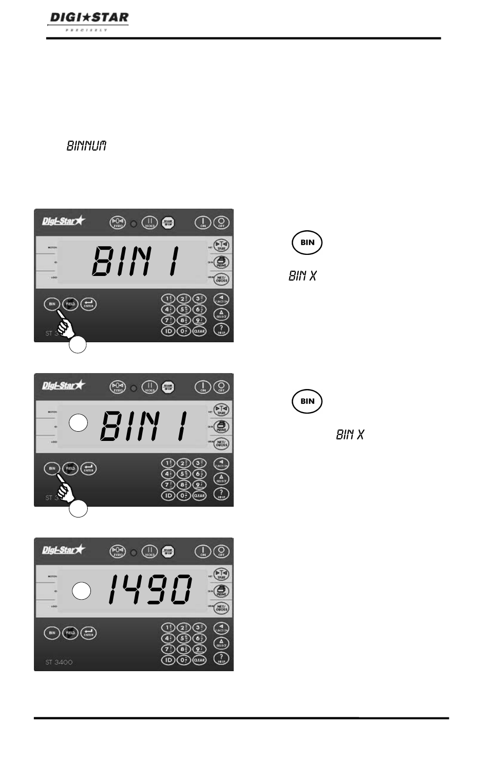 Detailed operation, Using bin function, Selecting seed tender bin | Bin i bin i, I490 | Digi-Star ST 3400 User Manual | Page 14 / 46