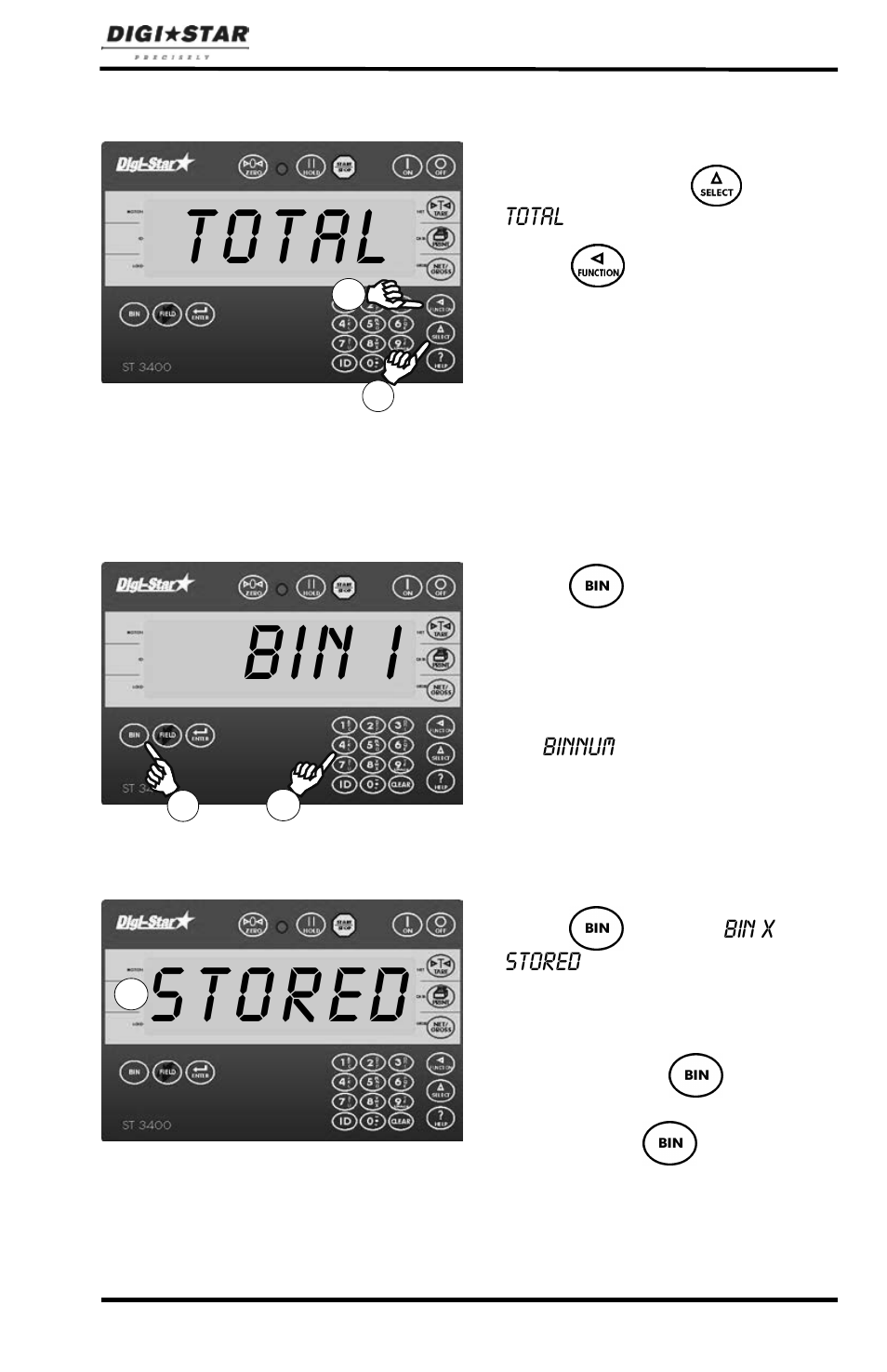 Viewing total weight, Setting seed tender bin weights, Bin i | Stored, Total | Digi-Star ST 3400 User Manual | Page 15 / 46