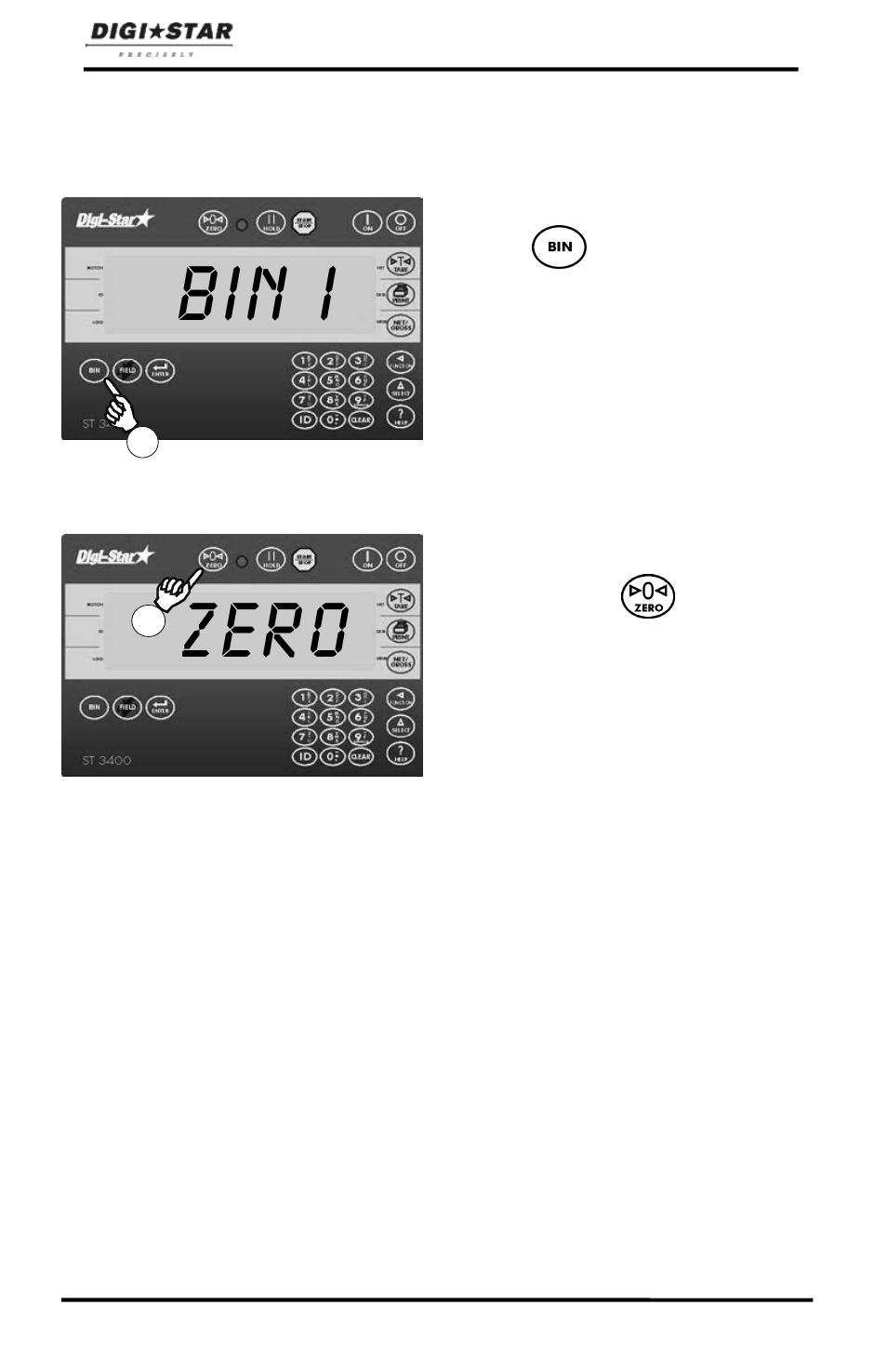 Clearing bin weights, Bin i, Zero | Digi-Star ST 3400 User Manual | Page 16 / 46