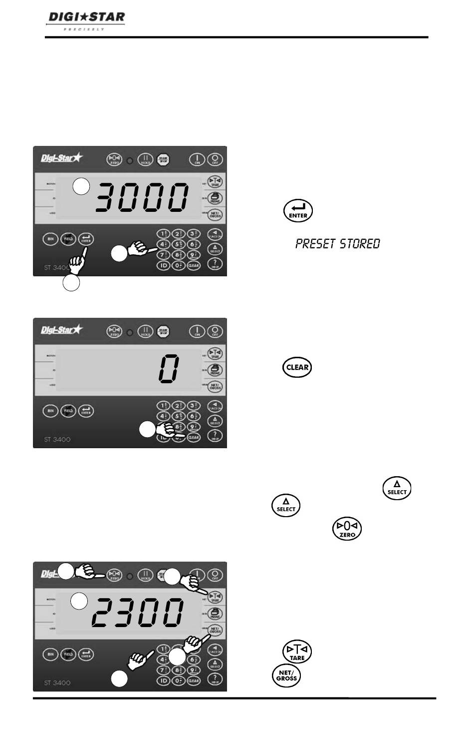 Advanced commands, Preset, Clear preset | Preload a tare value | Digi-Star ST 3400 User Manual | Page 22 / 46