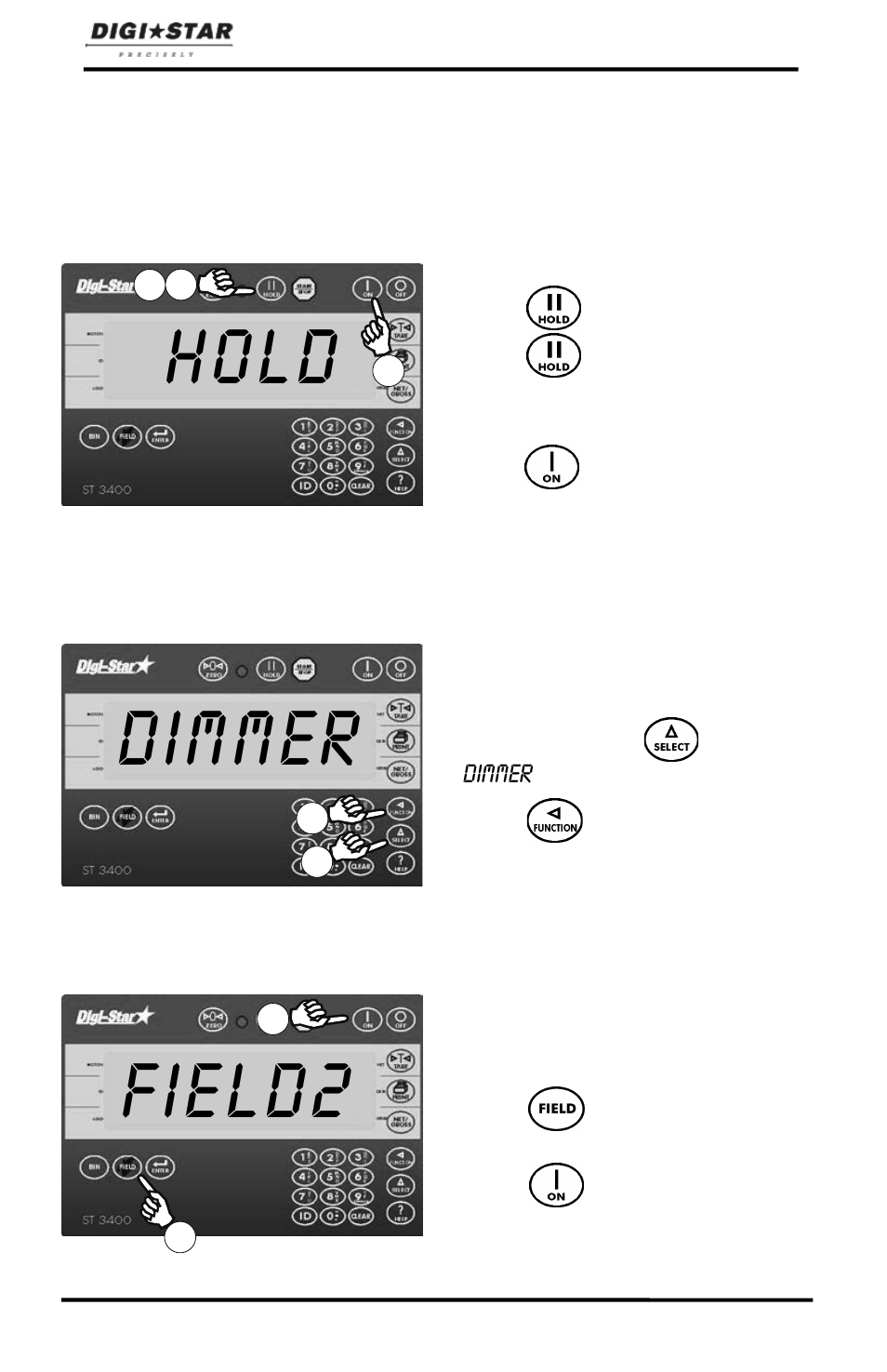 Other functions, Hold, Using dimmer option | Field, Dimmer, Field2 | Digi-Star ST 3400 User Manual | Page 26 / 46