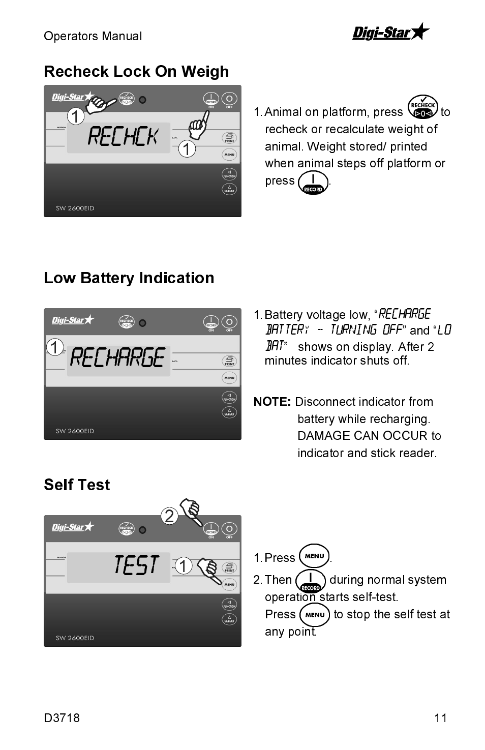 Recharge, Test rechck | Digi-Star SW2600EID User Manual | Page 11 / 46