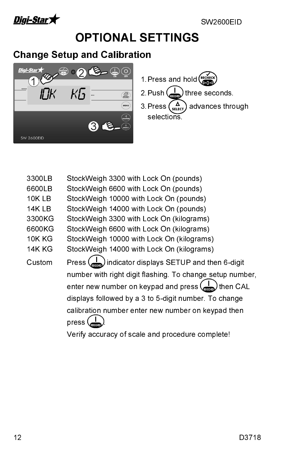 10k kg, Change setup and calibration | Digi-Star SW2600EID User Manual | Page 12 / 46