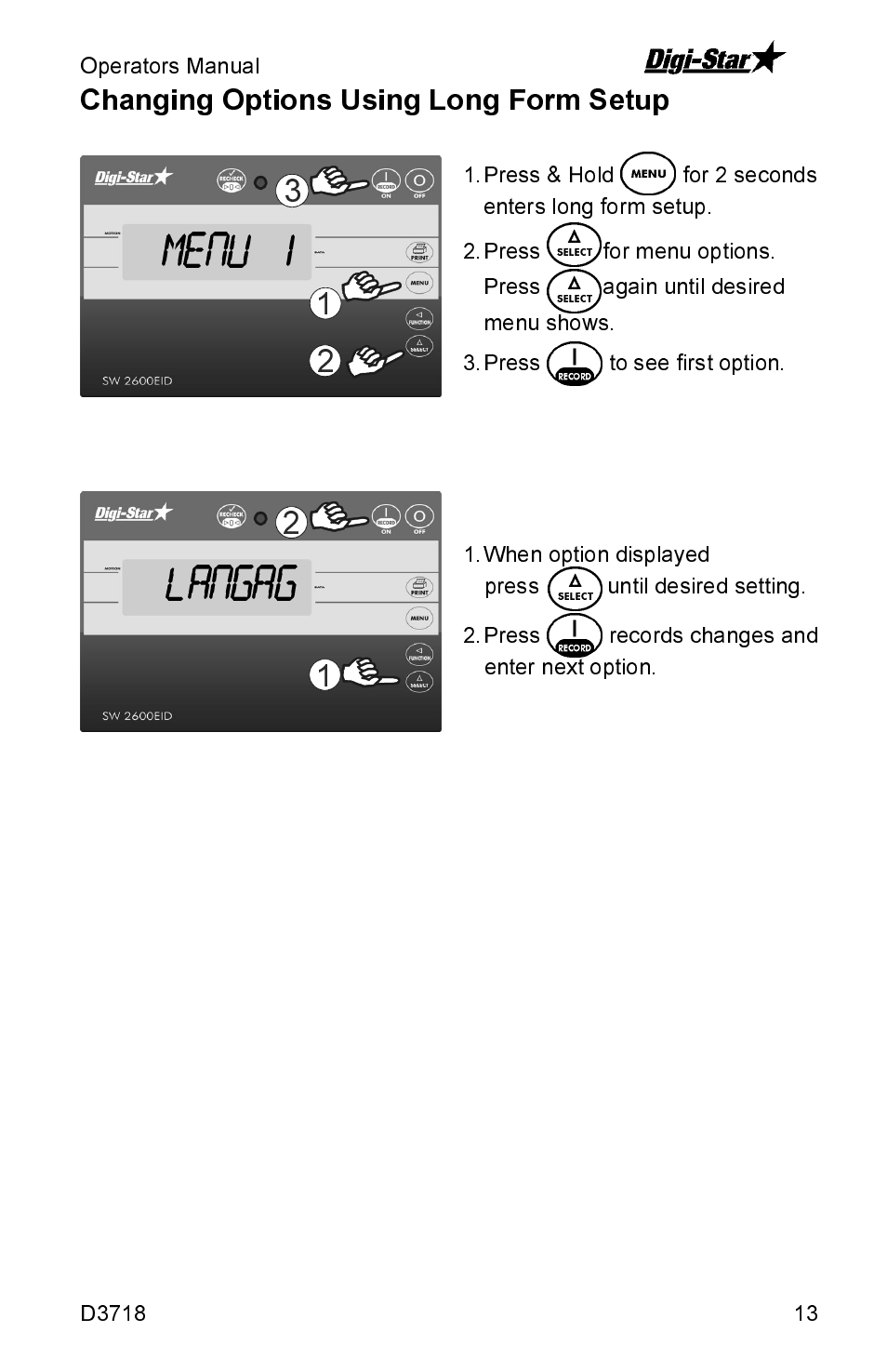 Menu 1 langag, Changing options using long form setup | Digi-Star SW2600EID User Manual | Page 13 / 46