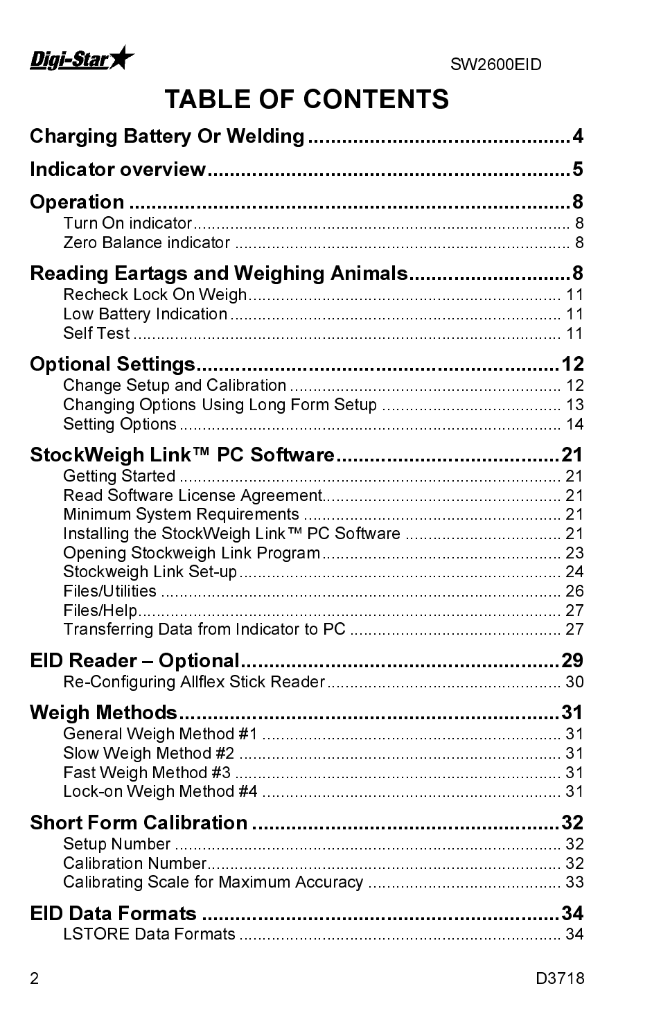 Reading eartags and weighing animals, Optional settings, Stockweigh link™ pc software | Eid reader – optional, Weigh methods, Short form calibration, Eid data formats | Digi-Star SW2600EID User Manual | Page 2 / 46