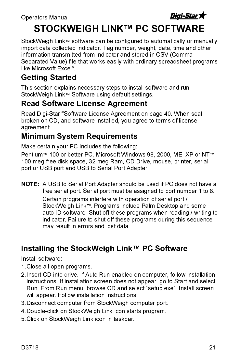 Getting started, Read software license agreement, Minimum system requirements | Installing the stockweigh link™ pc software, Stockweigh link™ pc software | Digi-Star SW2600EID User Manual | Page 21 / 46