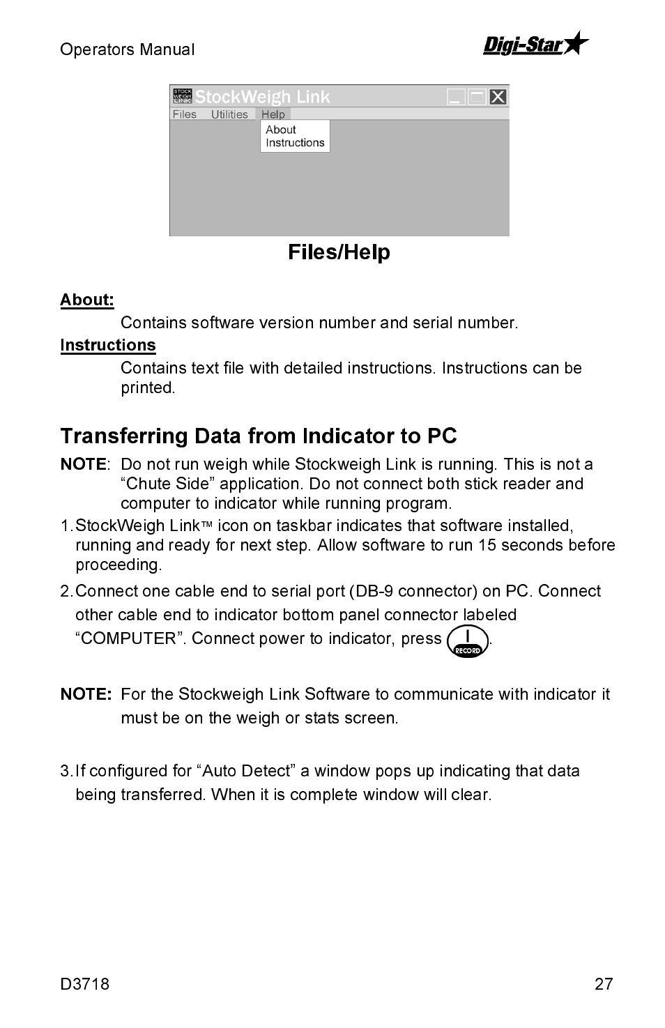 Files/help, Transferring data from indicator to pc | Digi-Star SW2600EID User Manual | Page 27 / 46