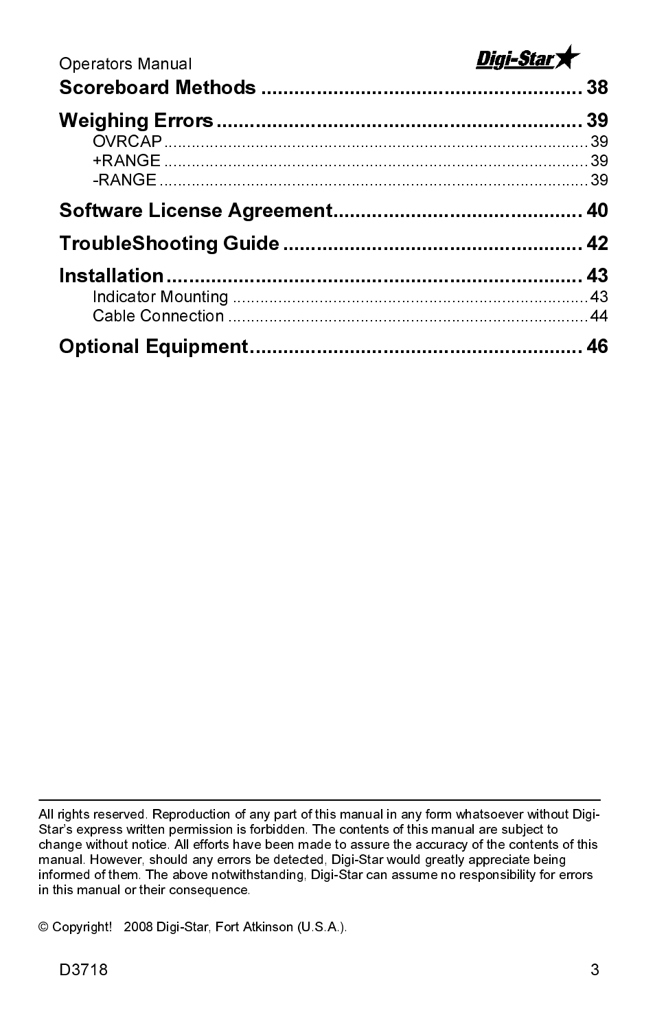 Scoreboard methods weighing errors, Optional equipment | Digi-Star SW2600EID User Manual | Page 3 / 46