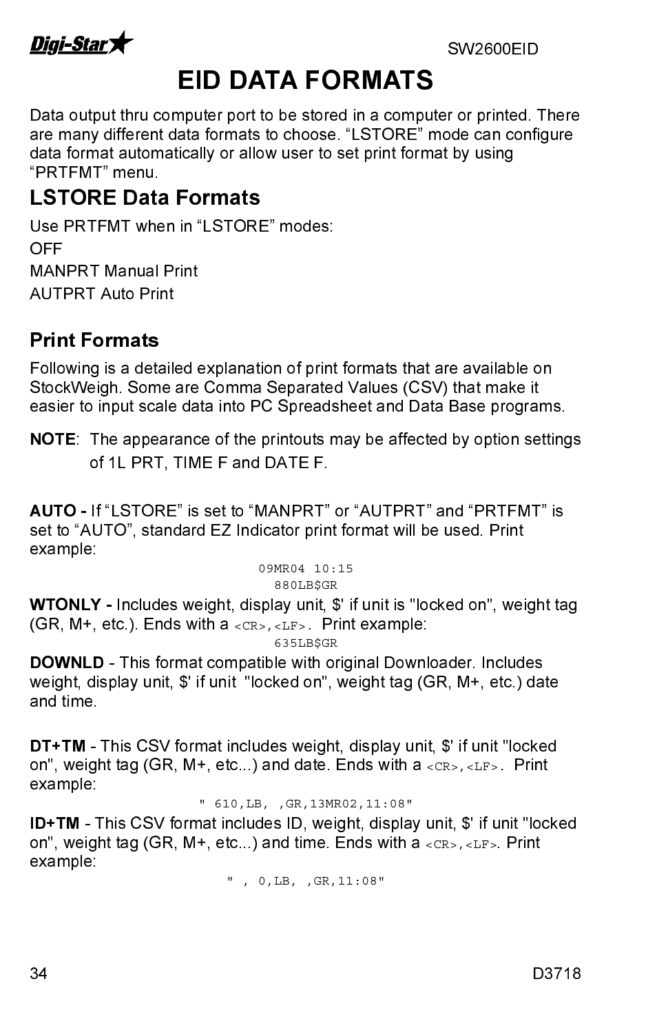 Lstore data formats, Print formats, Eid data formats | Digi-Star SW2600EID User Manual | Page 34 / 46