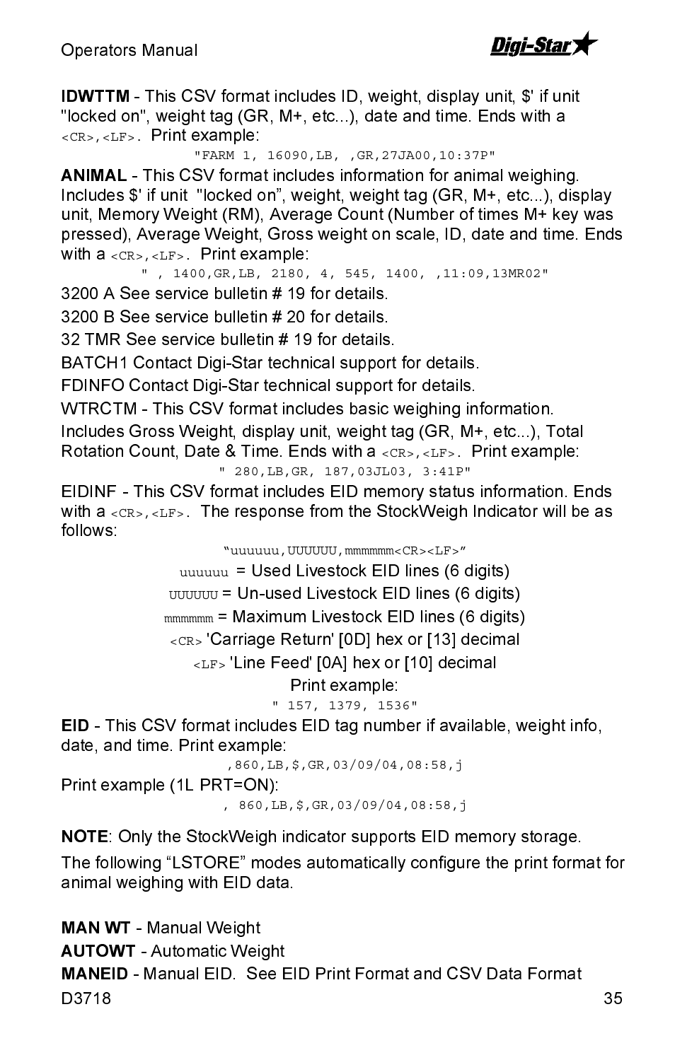 Print example, Used livestock eid lines (6 digits), Un-used livestock eid lines (6 digits) | Maximum livestock eid lines (6 digits), Carriage return' [0d] hex or [13] decimal, Line feed' [0a] hex or [10] decimal print example, Print example (1l prt=on), Manual weight, Automatic weight | Digi-Star SW2600EID User Manual | Page 35 / 46