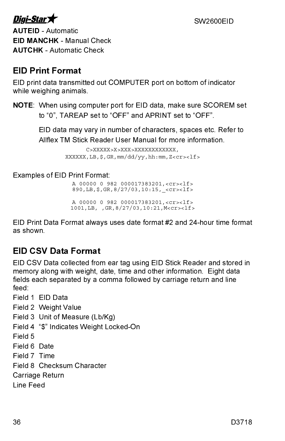 Eid print format, Eid csv data format | Digi-Star SW2600EID User Manual | Page 36 / 46