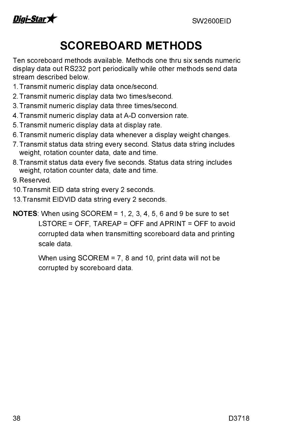 Scoreboard methods | Digi-Star SW2600EID User Manual | Page 38 / 46