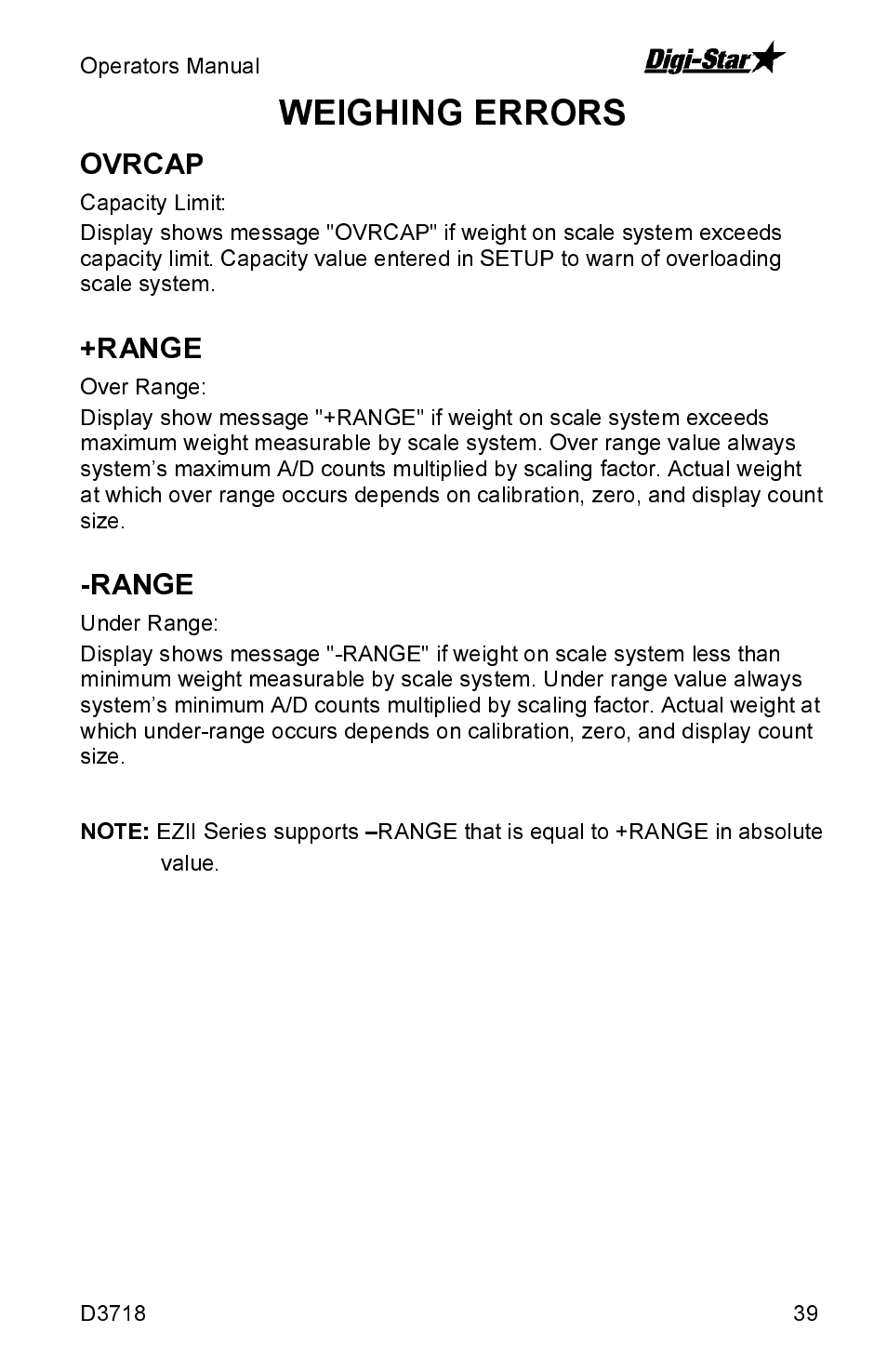 Weighing errors | Digi-Star SW2600EID User Manual | Page 39 / 46