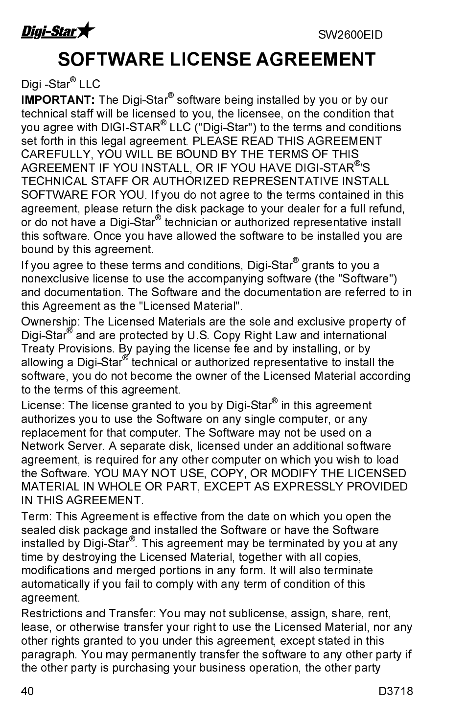 Software license agreement | Digi-Star SW2600EID User Manual | Page 40 / 46
