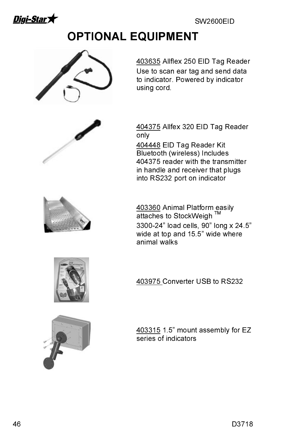 Optional equipment | Digi-Star SW2600EID User Manual | Page 46 / 46