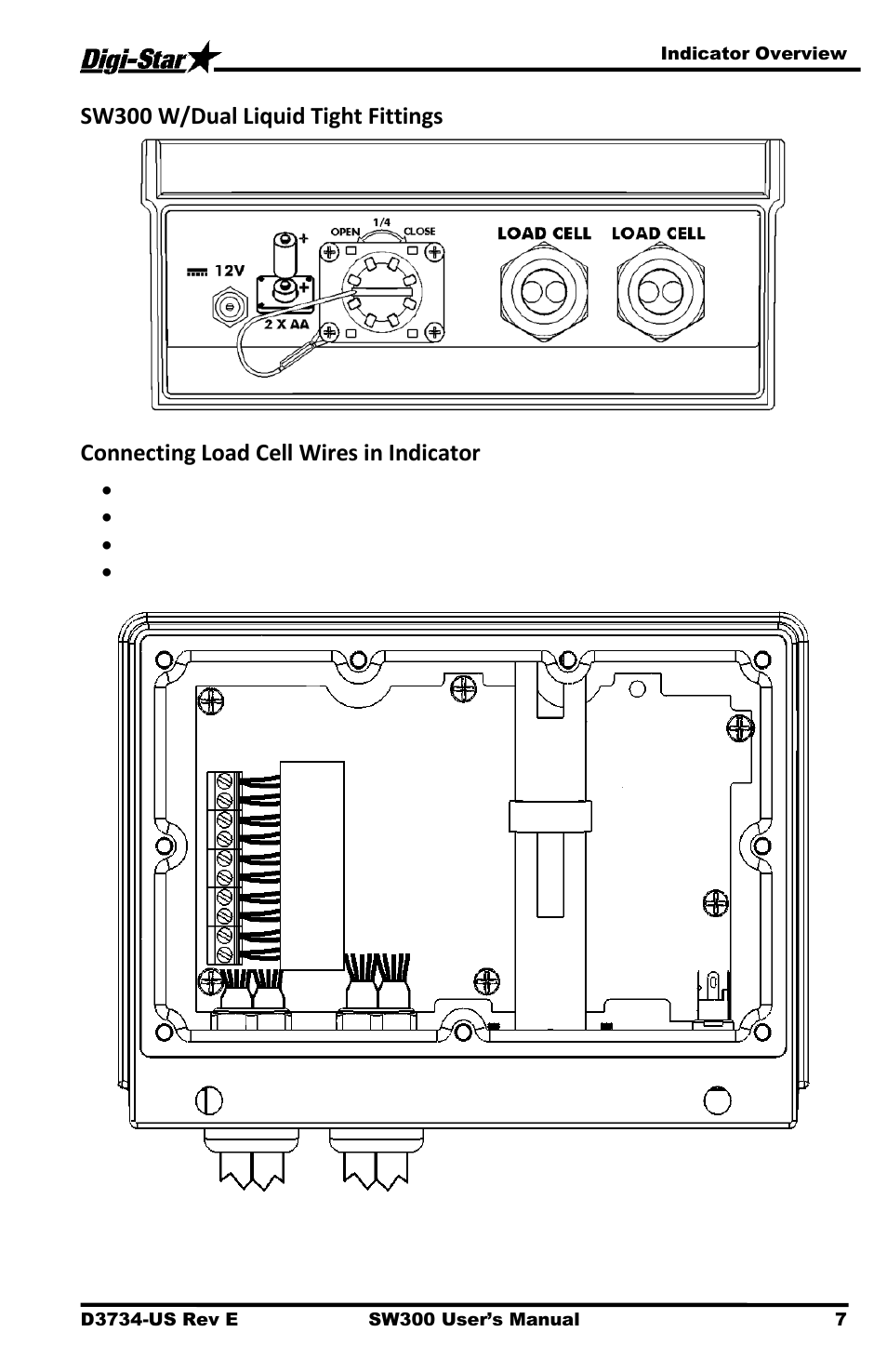 Sw300 w/dual liquid tight fittings, Connecting load cell wires in indicator | Digi-Star Stockweigh 300 User Manual | Page 11 / 23