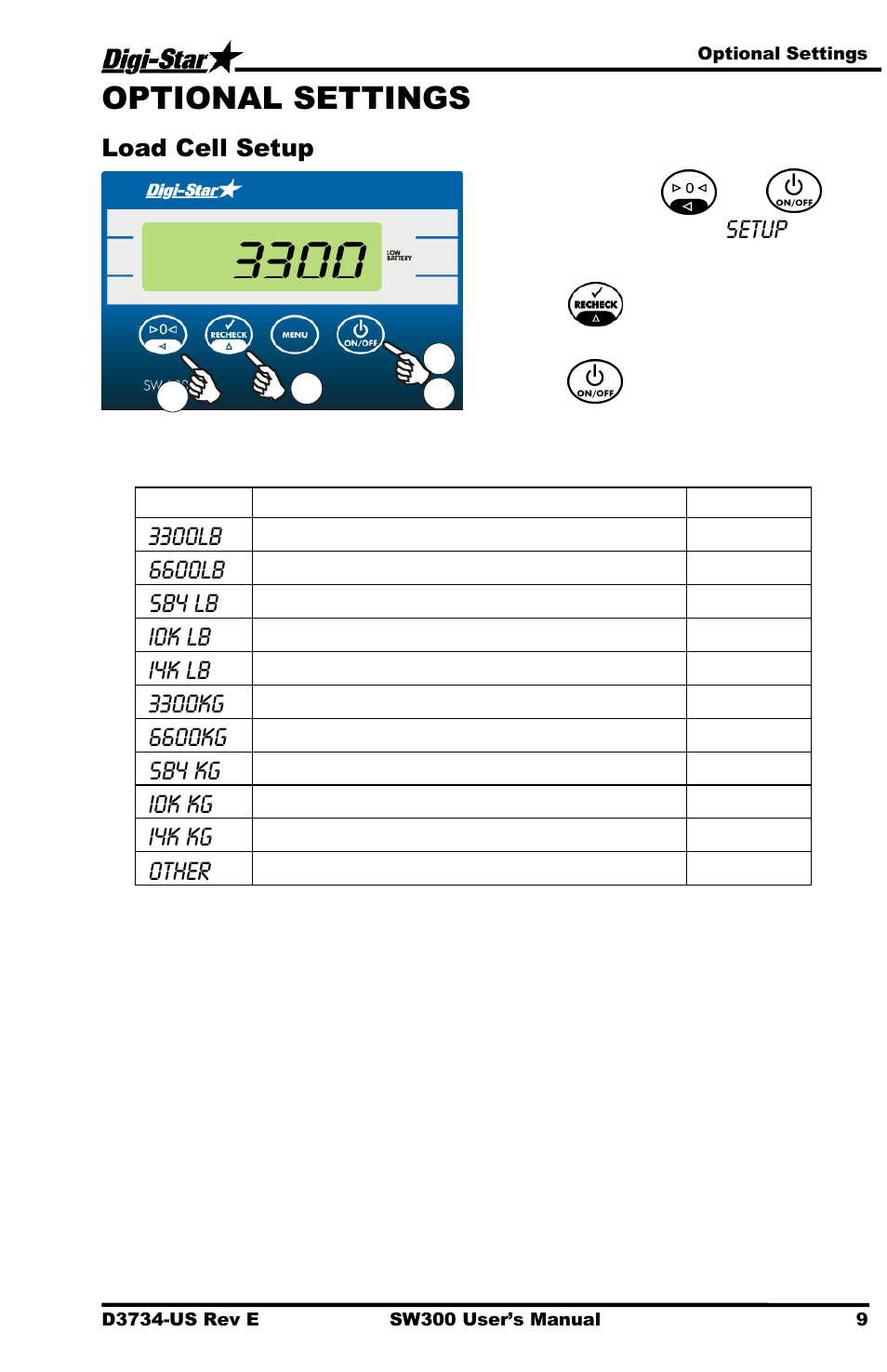 Optional settings, Load cell setup | Digi-Star Stockweigh 300 User Manual | Page 13 / 23