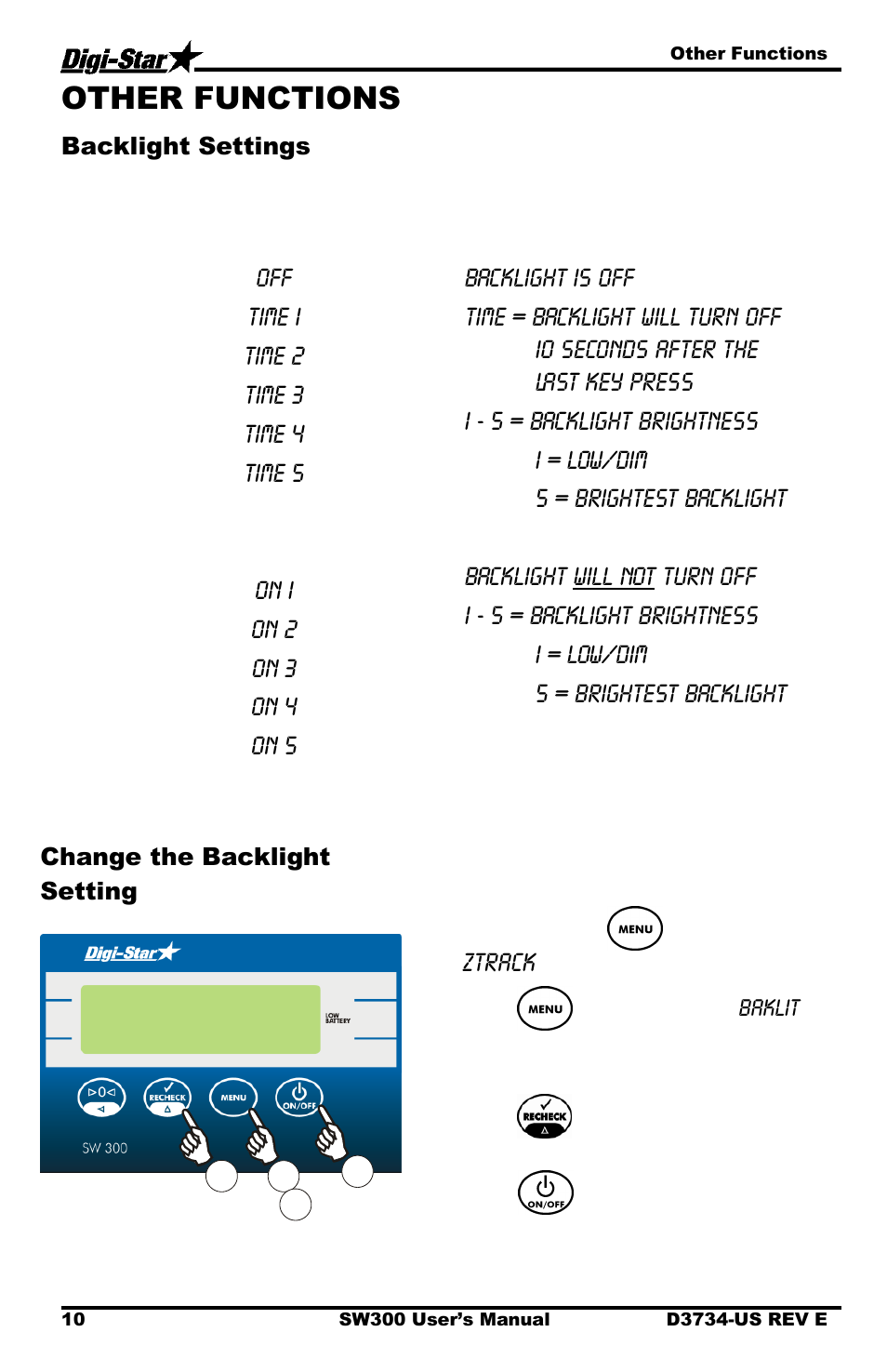 Other functions, Backlight settings, Change the backlight setting | Digi-Star Stockweigh 300 User Manual | Page 14 / 23