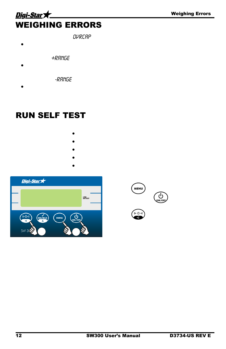 Weighing errors, Run self test | Digi-Star Stockweigh 300 User Manual | Page 16 / 23