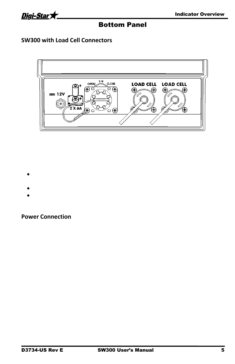 Bottom panel, Bottom panel sw300 with load cell connectors, Power connection | Digi-Star Stockweigh 300 User Manual | Page 9 / 23