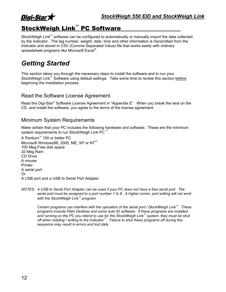 Getting started, Stockweigh link, Pc software | Stockweigh 550 eid and stockweigh link, Read the software license agreement, Minimum system requirements | Digi-Star StockWeigh 550 EID User Manual | Page 16 / 38