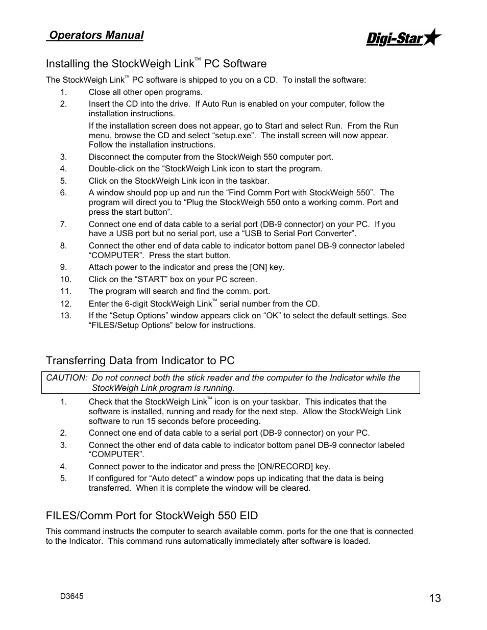 Operators manual, 13 installing the stockweigh link, Pc software | Transferring data from indicator to pc, Files/comm port for stockweigh 550 eid | Digi-Star StockWeigh 550 EID User Manual | Page 17 / 38