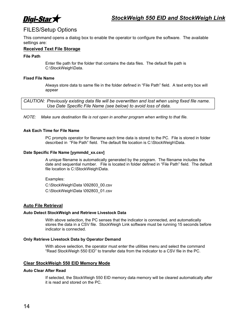 Stockweigh 550 eid and stockweigh link, 14 files/setup options | Digi-Star StockWeigh 550 EID User Manual | Page 18 / 38