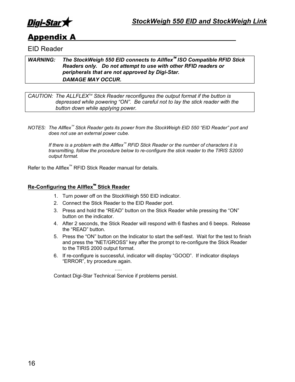 Appendix a, Stockweigh 550 eid and stockweigh link, Eid reader | Digi-Star StockWeigh 550 EID User Manual | Page 20 / 38