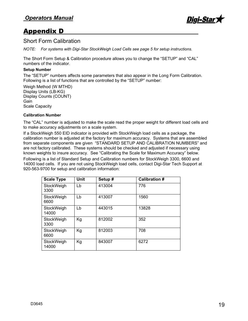 Appendix d, Operators manual, Short form calibration | Digi-Star StockWeigh 550 EID User Manual | Page 23 / 38