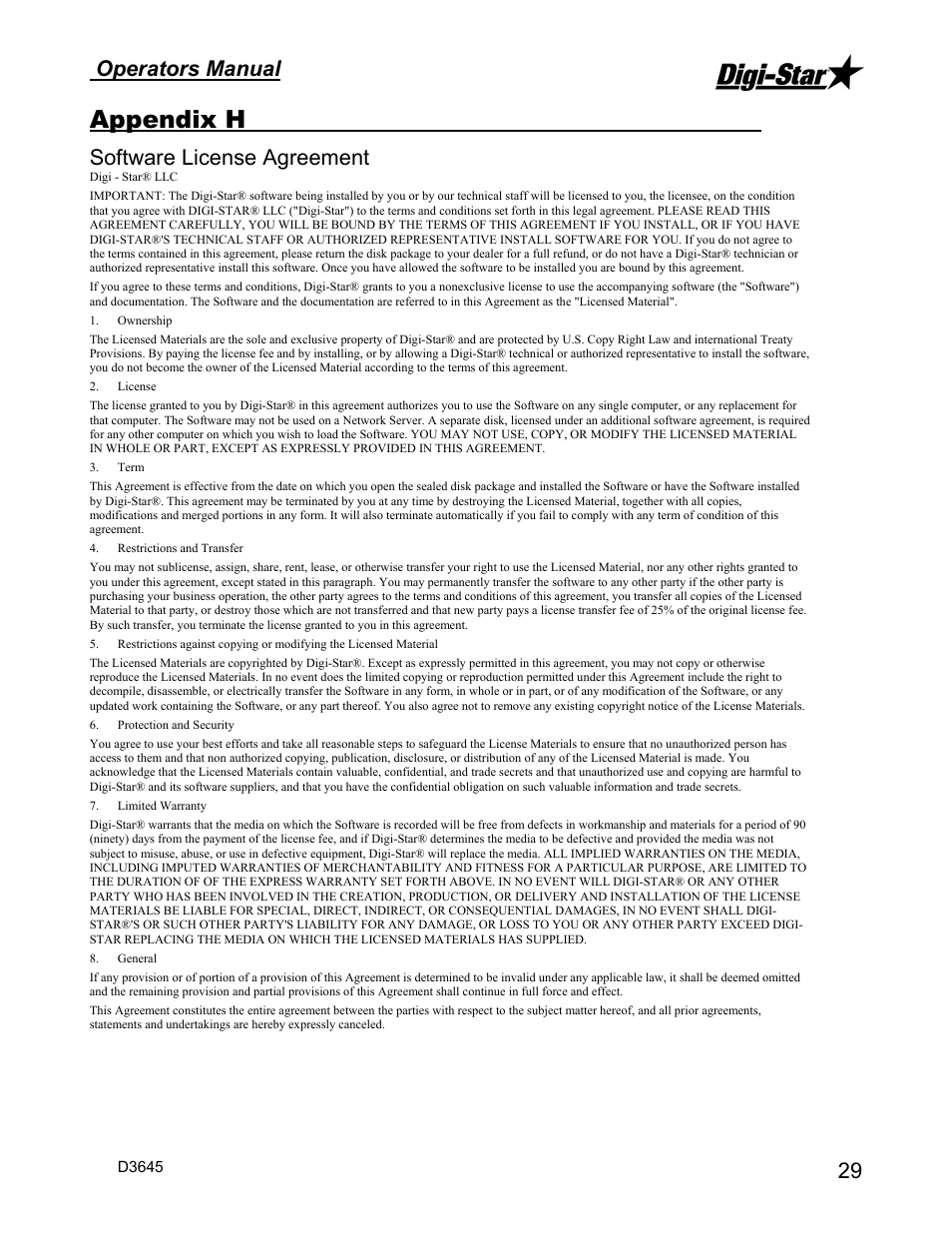 Appendix h, Operators manual, Software license agreement | Digi-Star StockWeigh 550 EID User Manual | Page 33 / 38