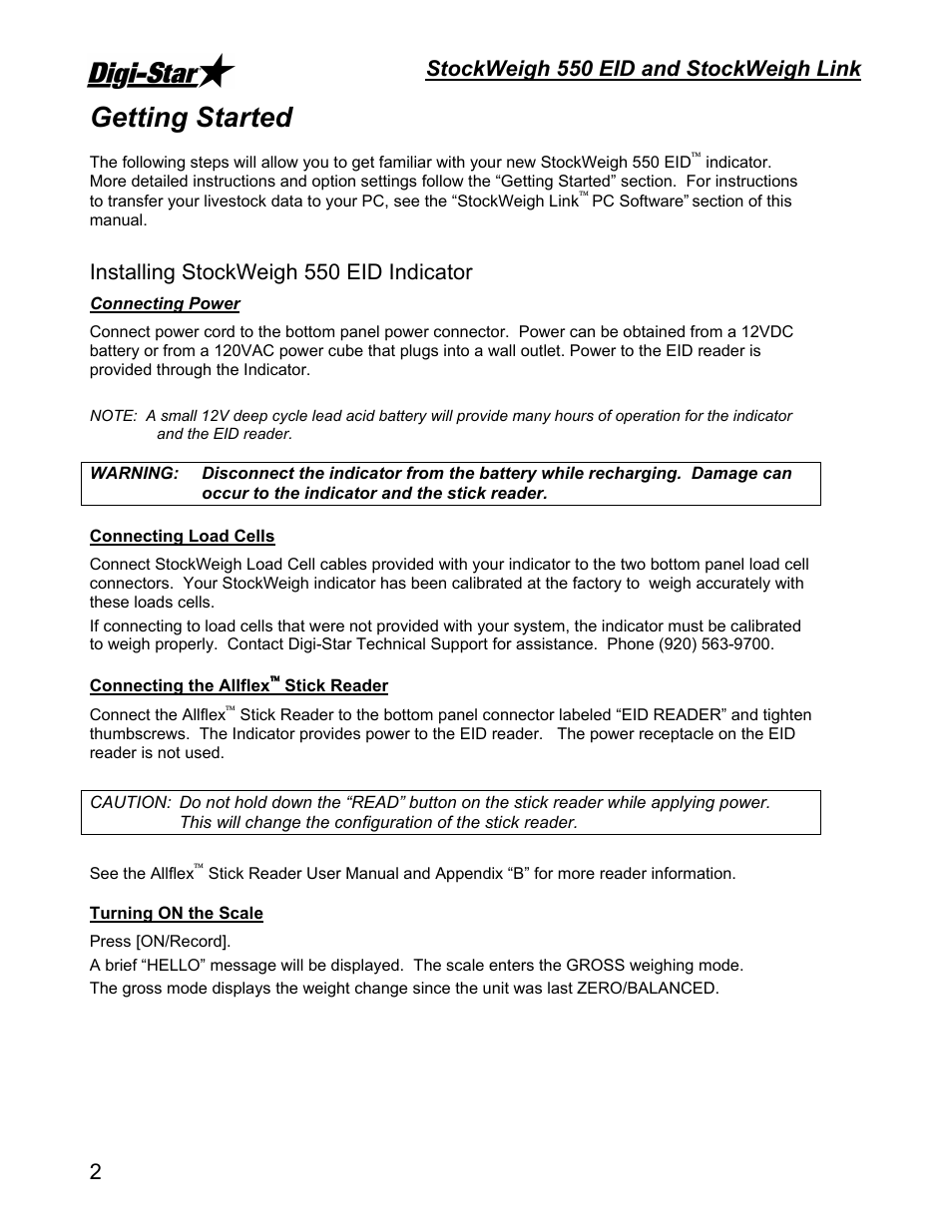 Getting started, Stockweigh 550 eid and stockweigh link, Installing stockweigh 550 eid indicator | Digi-Star StockWeigh 550 EID User Manual | Page 6 / 38