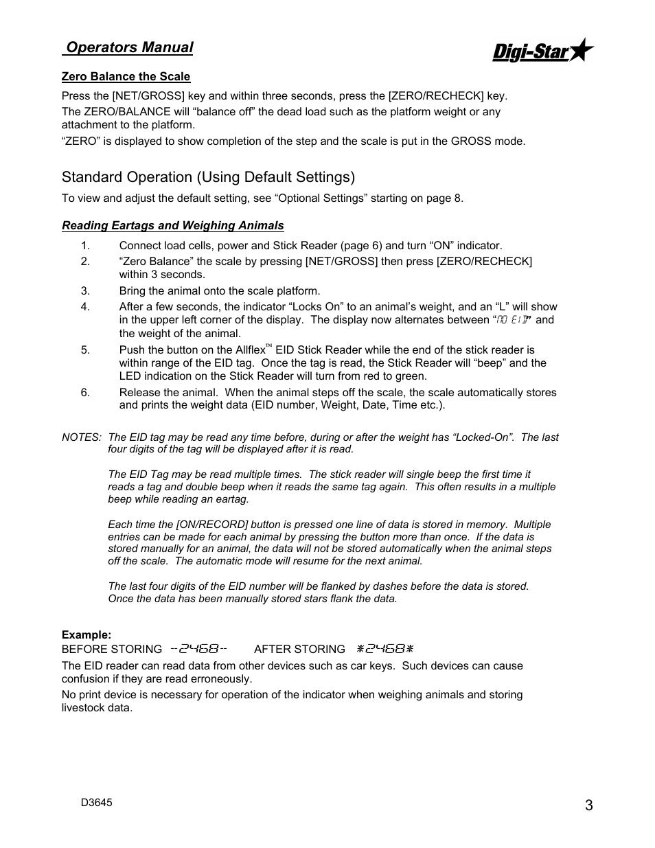 Operators manual, Standard operation (using default settings) | Digi-Star StockWeigh 550 EID User Manual | Page 7 / 38