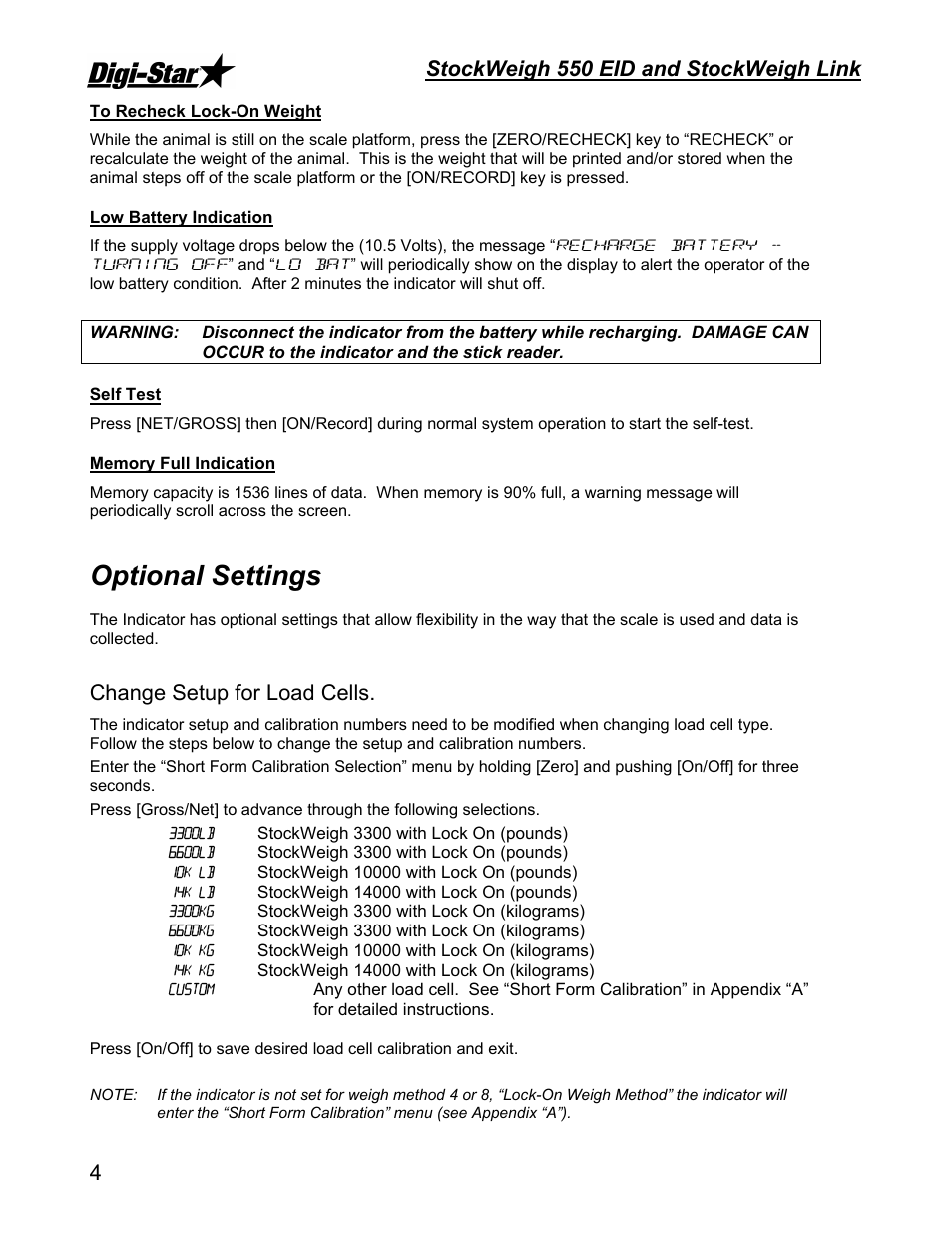 Optional settings, Stockweigh 550 eid and stockweigh link, Change setup for load cells | Digi-Star StockWeigh 550 EID User Manual | Page 8 / 38