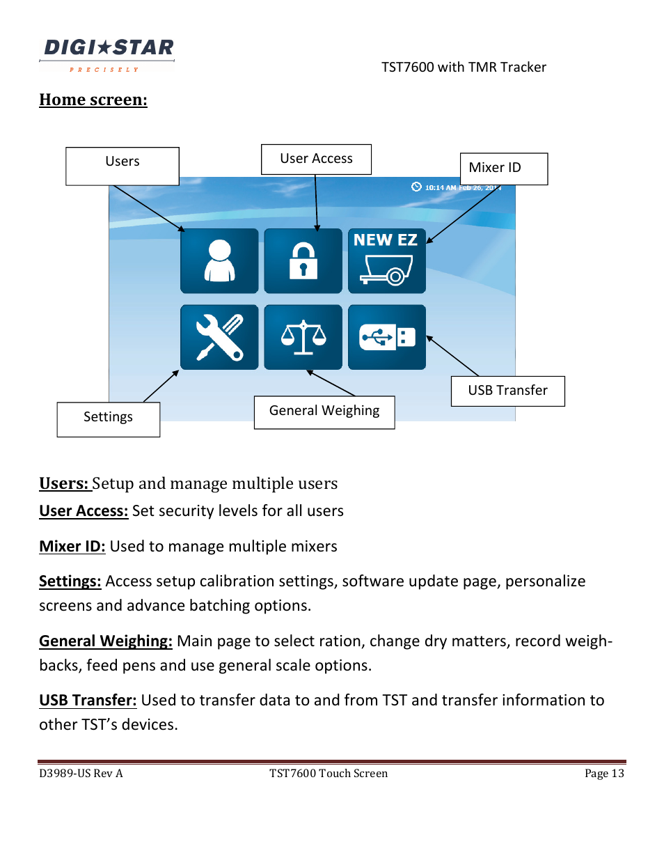 Home screen | Digi-Star TST7600 with TMR Tracker User Manual | Page 13 / 51
