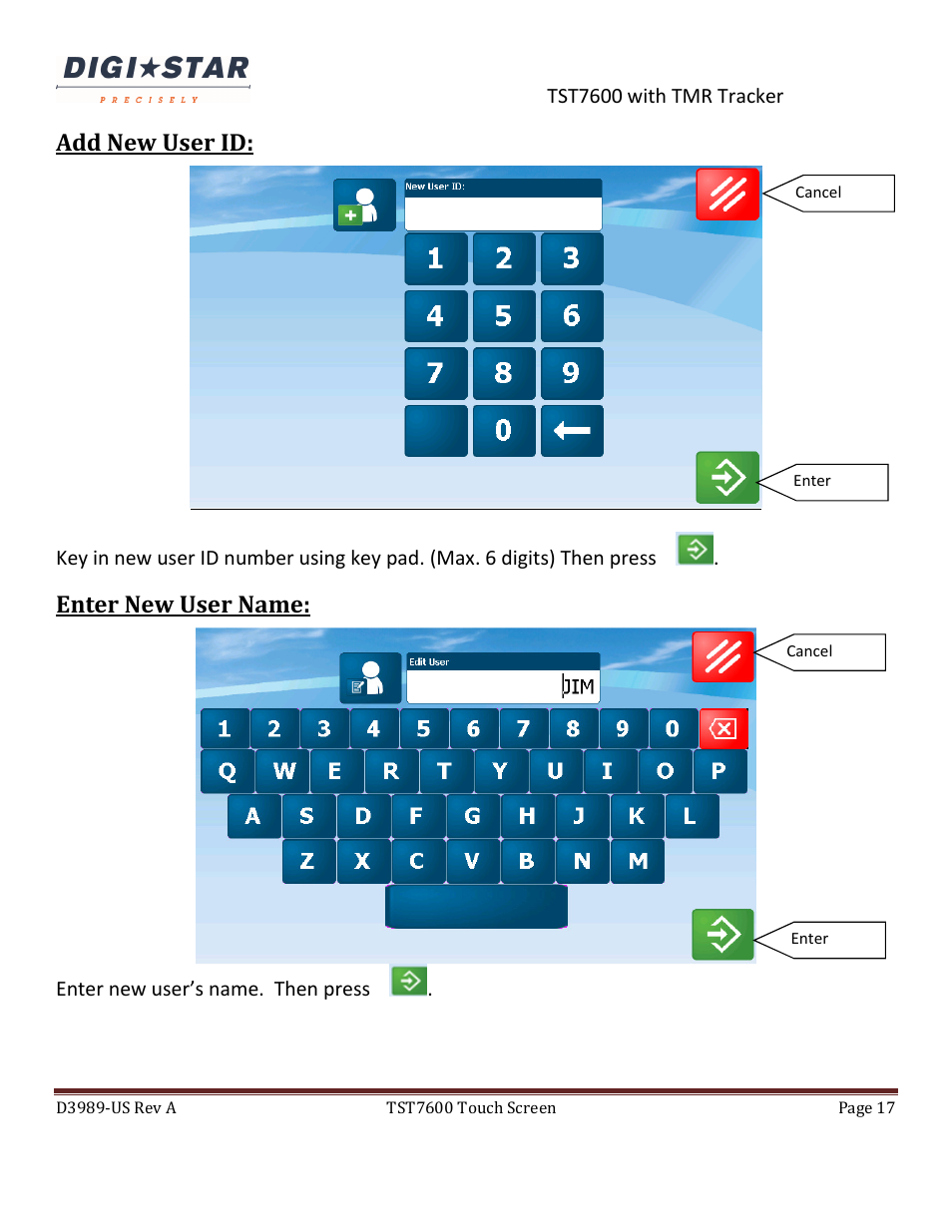 Add new user id, Enter new user name | Digi-Star TST7600 with TMR Tracker User Manual | Page 17 / 51