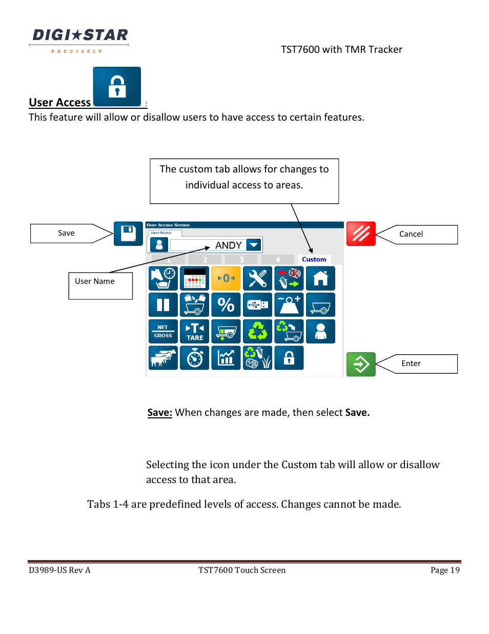 User access | Digi-Star TST7600 with TMR Tracker User Manual | Page 19 / 51