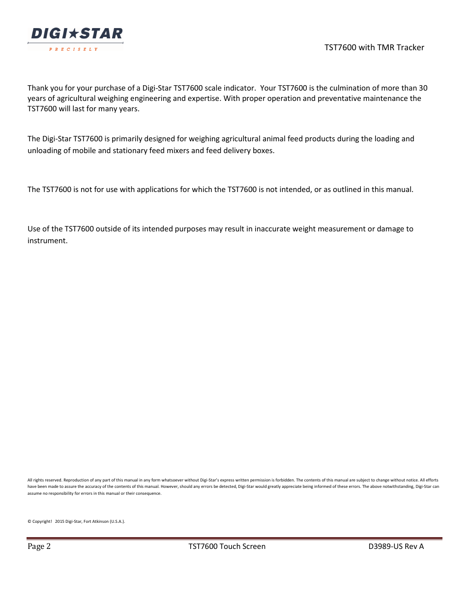 Tst7600 with tmr tracker | Digi-Star TST7600 with TMR Tracker User Manual | Page 2 / 51