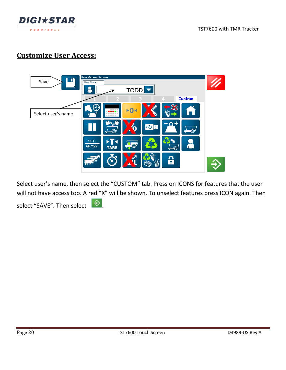 Customize user access | Digi-Star TST7600 with TMR Tracker User Manual | Page 20 / 51
