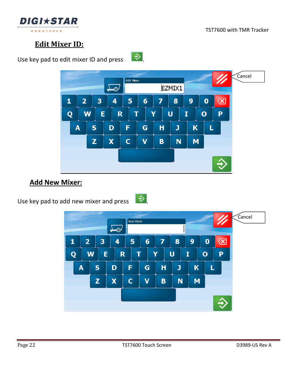 Edit mixer id, Add new mixer | Digi-Star TST7600 with TMR Tracker User Manual | Page 22 / 51